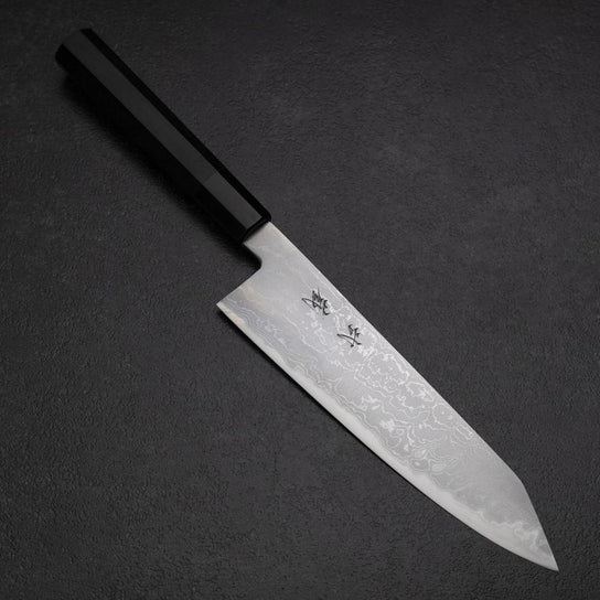 Kiritsuke Blue Steel #2 Damast Büffelhorn und Ebenholz Griff 200mm