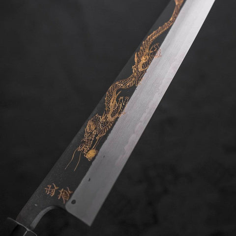 Kiritsuke Blue Steel #2, Kurouchi Damast Chokin "Drache" Büffelhorn und Ebenholz Griff 210mm-[Musashi]-[Japan-Küchenmesser]