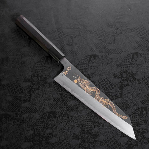 Kiritsuke Blue Steel #2, Kurouchi Damast Chokin "Drache" Büffelhorn und Ebenholz Griff 210mm-[Musashi]-[Japan-Küchenmesser]