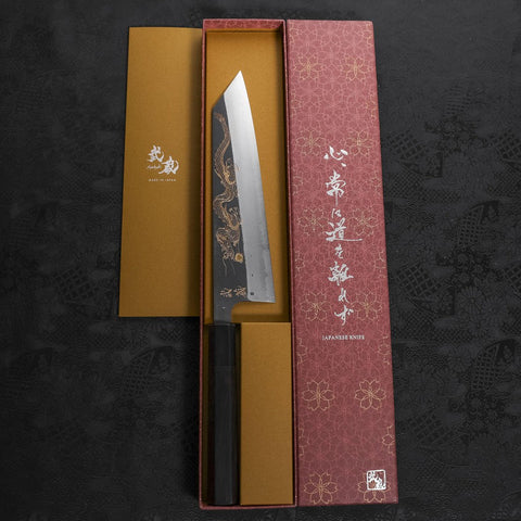 Kiritsuke Blue Steel #2 Kurouchi Damascus Chokin Dragon Buffalo Ebony Handle 210mm-[Musashi]-[Japanese-Kitchen-Knives]