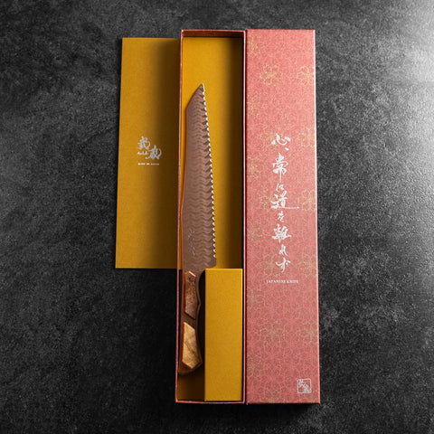 Kiritsuke Brotmesser VG-10 Kagami Damast Ahornholz Griff 210mm - Braun-[Musashi]-[Japan-Küchenmesser]
