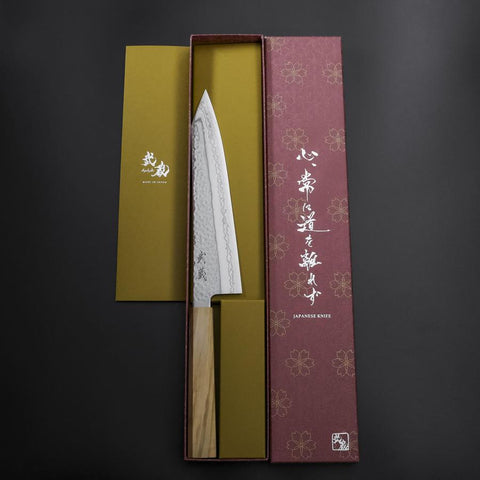 Kiritsuke Gyuto SLD Nickel Tsuchime Kolorierter Damast Olivenholz Griff 210mm Limited Edition-[Musashi]-[Japan-Küchenmesser]