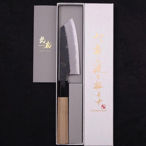 Kiritsuke Ko-Santoku White Steel #2 Kurouchi Büffelhorn und Magnolienholz Griff 135mm-[Musashi]-[Japan-Küchenmesser]