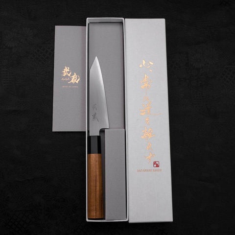 Kiritsuke Petty White Steel #2 Kasumi Büffelhorn und Teakholz Griff 120mm-[Musashi]-[Japan-Küchenmesser]