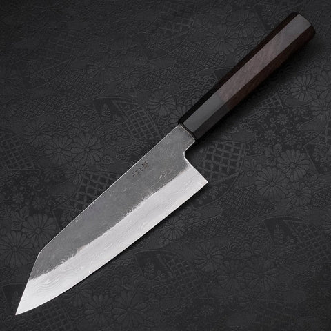 Kiritsuke Santoku Blue Steel #1 Kurouchi Suminagashi Büffelhorn und Ebenholz Griff 170mm-[Musashi]-[Japan-Küchenmesser]