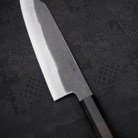 Kiritsuke Santoku Blue Steel #1 Kurouchi Suminagashi Büffelhorn und Ebenholz Griff 170mm-[Musashi]-[Japan-Küchenmesser]