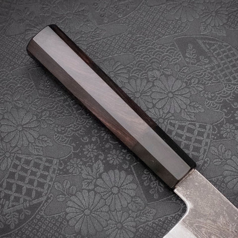 Kiritsuke Santoku Blue Steel #1 Kurouchi Suminagashi Büffelhorn und Ebenholz Griff 170mm-[Musashi]-[Japan-Küchenmesser]