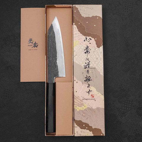 Kiritsuke Santoku Blue Steel #1 Kurouchi Suminagashi Büffelhorn und Ebenholz Griff 170mm-[Musashi]-[Japan-Küchenmesser]