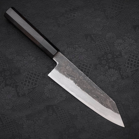 Kiritsuke Santoku Blue Steel #1 Kurouchi Suminagashi Büffelhorn und Ebenholz Griff 170mm-[Musashi]-[Japan-Küchenmesser]