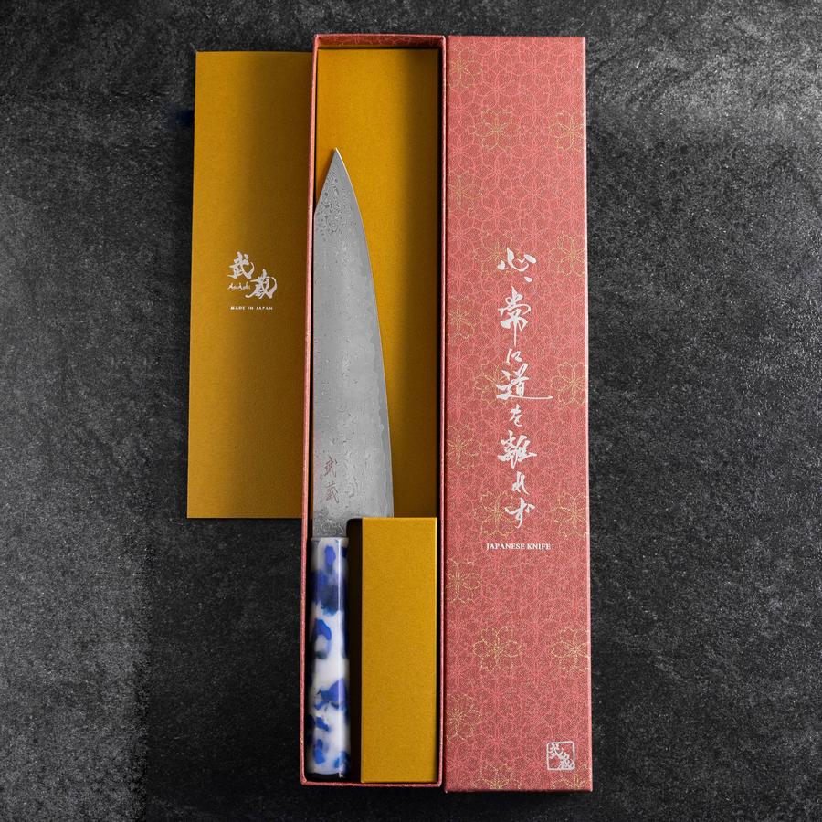 Kiritsuke VG-10 Damast Blau-Weißer Mix Ozeanplastik Griff 210mm-[Musashi]-[Japan-Küchenmesser]