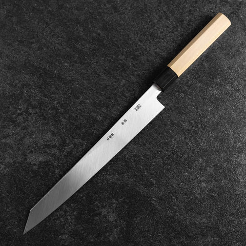 Kiritsuke Yanagiba Blue Steel #2 Kasumi Büffelhorn und Magnolienholz Griff 260mm-[Musashi]-[Japan-Küchenmesser]