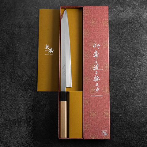 Kiritsuke Yanagiba Blue Steel #2 Kasumi Büffelhorn und Magnolienholz Griff 260mm-[Musashi]-[Japan-Küchenmesser]
