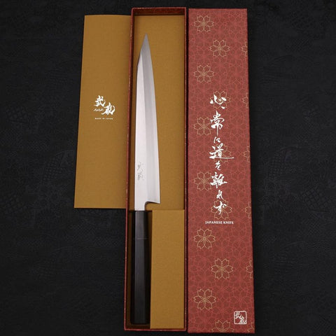 Kiritsuke Yanagiba Silver Steel #3 Kasumi Büffelhorn und Ebenholz Griff 240mm-[Musashi]-[Japan-Küchenmesser]