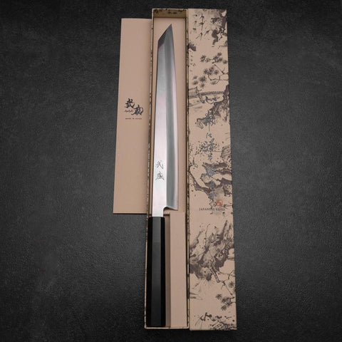 Kiritsuke Yanagiba Silver Steel #3 Kasumi Büffelhorn und Ebenholz Griff 300mm-[Musashi]-[Japan-Küchenmesser]