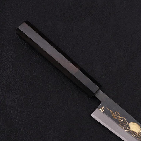 Koyanagi Blue Steel #2 Kurouchi Chokin "Sonne Im Wolkenmeer" Büffelhorn und Ebenholz Griff 135mm-[Musashi]-[Japan-Küchenmesser]
