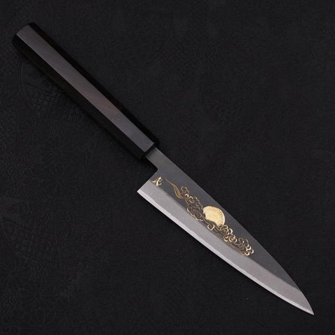 Koyanagi Blue Steel #2 Kurouchi Chokin "Sonne Im Wolkenmeer" Büffelhorn und Ebenholz Griff 135mm-[Musashi]-[Japan-Küchenmesser]