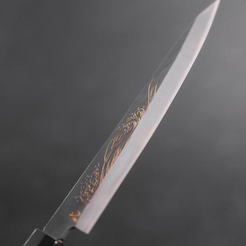 Koyanagi Blue Steel #2, Kurouchi Chokin "Welle" Büffelhorn und Ebenholz Griff, 135mm-[Musashi]-[Japan-Küchenmesser]