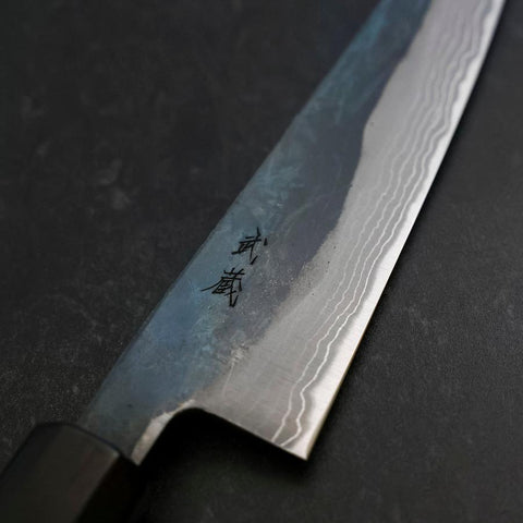 Koyanagi Blue Steel #2 Kurouchi Damast Büffelhorn und Ebenholz Griff 135mm-[Musashi]-[Japan-Küchenmesser]
