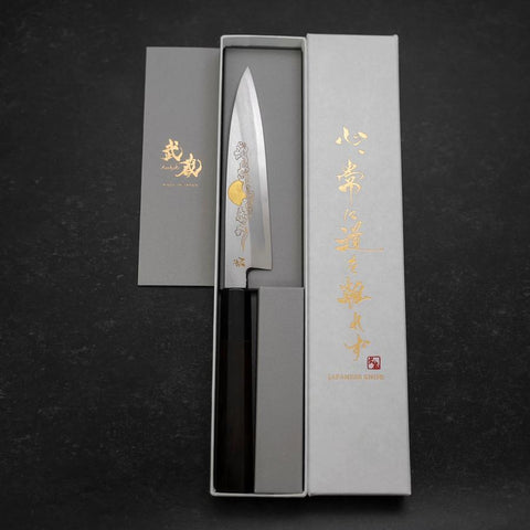 Koyanagi White Steel #2 Kasumi Chokin Glückswolke Büffelhorn und Ebenholz Griff 135mm-[Musashi]-[Japan-Küchenmesser]