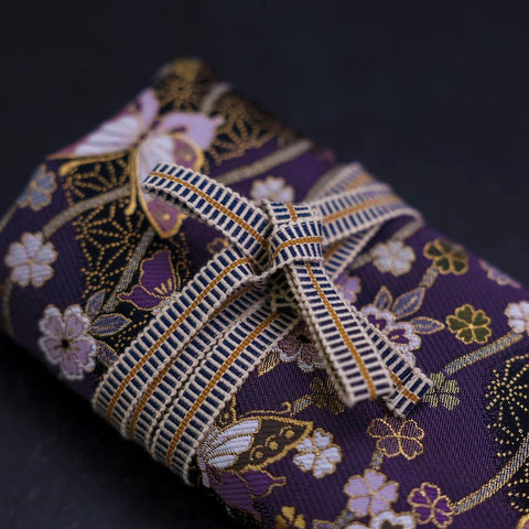 Musashi Japanische Küchenmesser Rolle Lila-Gold Schmetterling & Sakura 4 Taschen Handgefertigt-[Musashi]-[Japan-Küchenmesser]