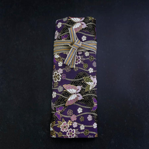 Musashi Japanische Küchenmesser Rolle Lila-Gold Schmetterling & Sakura 4 Taschen Handgefertigt-[Musashi]-[Japan-Küchenmesser]