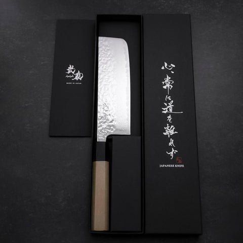 Nakiri AUS-10 Kagami Tsuchime Damast Büffelhorn und Magnolienholz Griff 165mm-[Musashi]-[Japan-Küchenmesser]