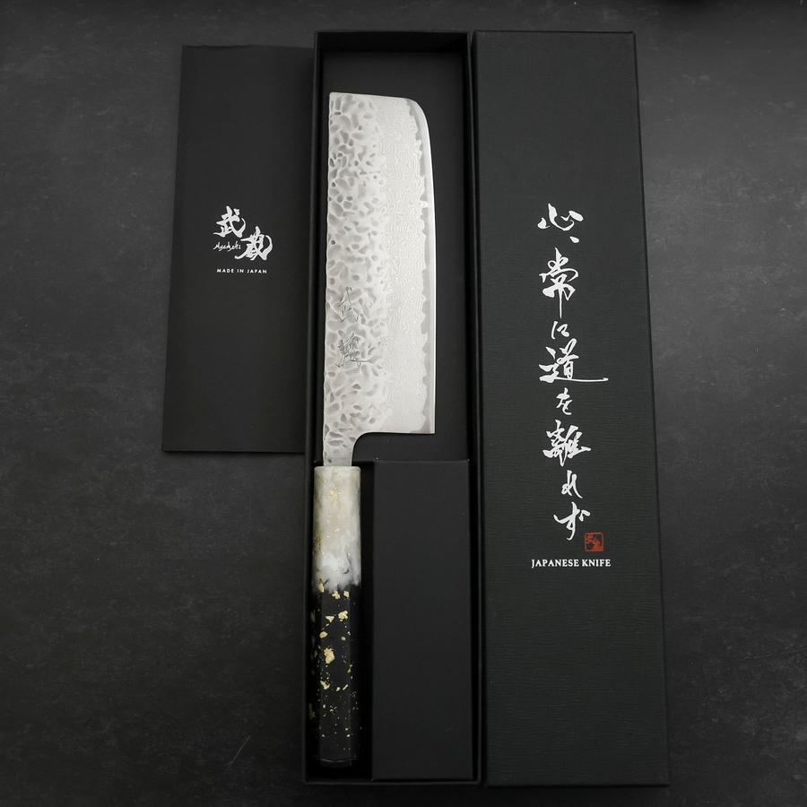 Nakiri AUS-10 Tsuchime Damast Ozeanplastik Schwarz Weiß Gold Griff 165mm-[Musashi]-[Japan-Küchenmesser]