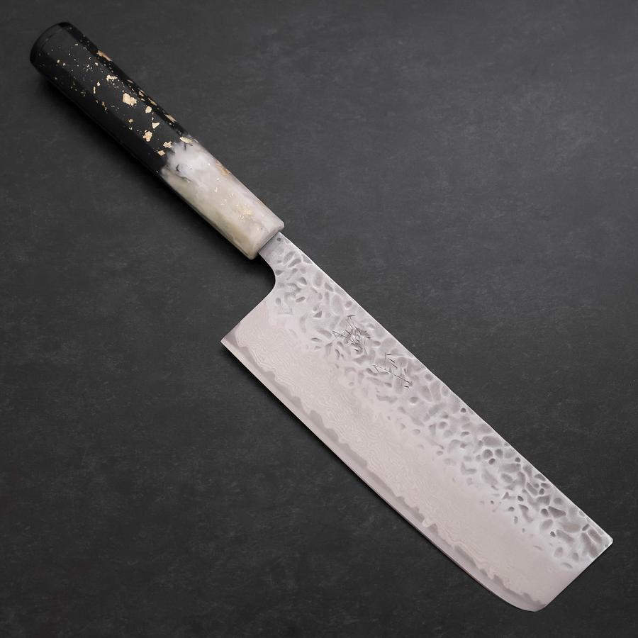 Nakiri AUS-10 Tsuchime Damast Ozeanplastik Schwarz Weiß Gold Griff 165mm-[Musashi]-[Japan-Küchenmesser]