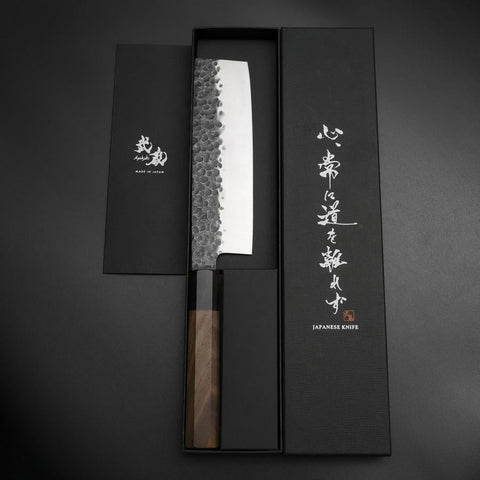 Nakiri AUS-8 Kurouchi Tsuchime Walnuss- und Rosenholz Griff 170mm-[Musashi]-[Japan-Küchenmesser]
