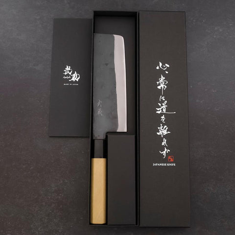 Nakiri Blue Steel #1 Edelstahlummantelung Kurouchi Büffelhorn und Magnolienholz Griff 165mm-[Musashi]-[Japan-Küchenmesser]