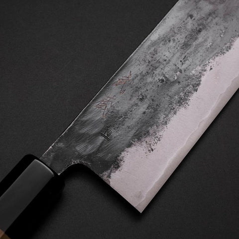 Nakiri Blue Steel #1 Kurouchi Büffelhorn und Magnolienholz Griff 165mm-[Musashi]-[Japan-Küchenmesser]