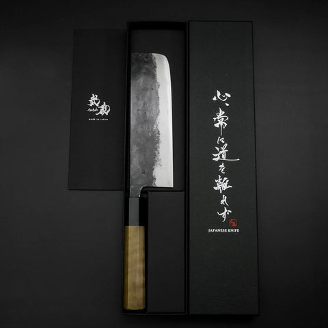 Nakiri Blue Steel #1 Kurouchi Büffelhorn und Magnolienholz Griff 165mm-[Musashi]-[Japan-Küchenmesser]