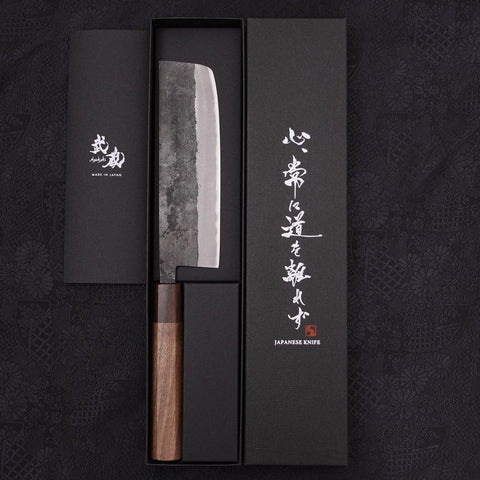 Nakiri Blue Steel #2 Edelstahlummantelung Kurouchi Rosen- und Walnussholz Griff 165mm-[Musashi]-[Japan-Küchenmesser]
