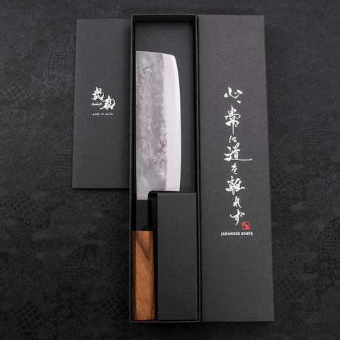 Nakiri Blue Steel #2 Edelstahlummantelung Nashiji Büffelhorn und Teakholz Griff 165mm-[Musashi]-[Japan-Küchenmesser]