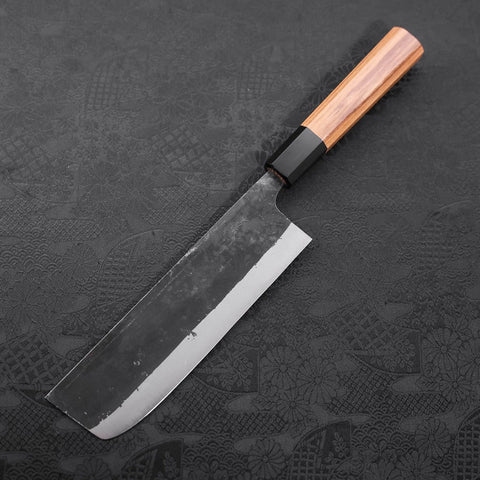 Nakiri Blue Steel #2 Kurouchi Büffelhorn und Teakholz Griff 165mm-[Musashi]-[Japan-Küchenmesser]