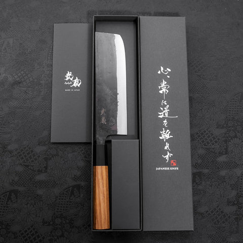 Nakiri Blue Steel #2 Kurouchi Büffelhorn und Teakholz Griff 165mm-[Musashi]-[Japan-Küchenmesser]