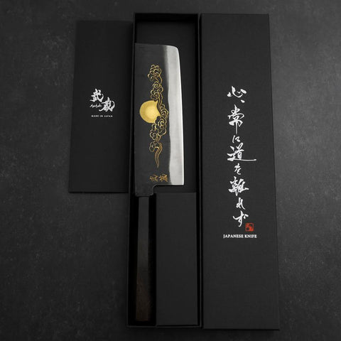 Nakiri Blue Steel #2 Kurouchi Chokin Auspicious Cloud-Sun Buffalo Ebony Handle 165mm (6.5”)-[Musashi]-[Japan-Küchenmesser]