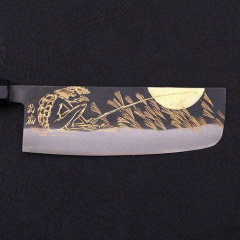 Nakiri Blue Steel #2 Kurouchi Chokin "Fischender Kappa - Lauernd" Büffelhorn und Ebenholz Griff 165mm-[Musashi]-[Japan-Küchenmesser]