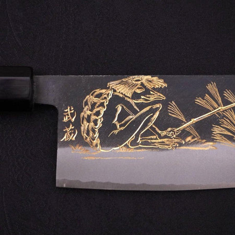 Nakiri Blue Steel #2 Kurouchi Chokin "Fischender Kappa - Lauernd" Büffelhorn und Ebenholz Griff 165mm-[Musashi]-[Japan-Küchenmesser]