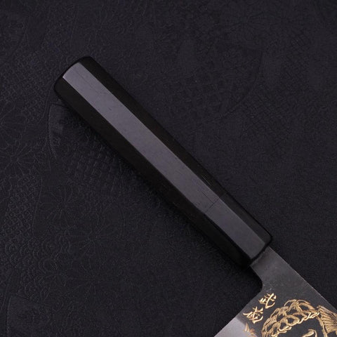 Nakiri Blue Steel #2 Kurouchi Chokin "Fischender Kappa - Lauernd" Büffelhorn und Ebenholz Griff 165mm-[Musashi]-[Japan-Küchenmesser]