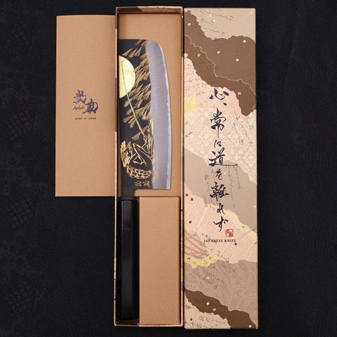 Nakiri Blue Steel #2 Kurouchi Chokin "Fischender Kappa - Lauernd" Büffelhorn und Ebenholz Griff 165mm-[Musashi]-[Japan-Küchenmesser]