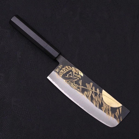 Nakiri Blue Steel #2 Kurouchi Chokin "Fischender Kappa - Lauernd" Büffelhorn und Ebenholz Griff 165mm-[Musashi]-[Japan-Küchenmesser]