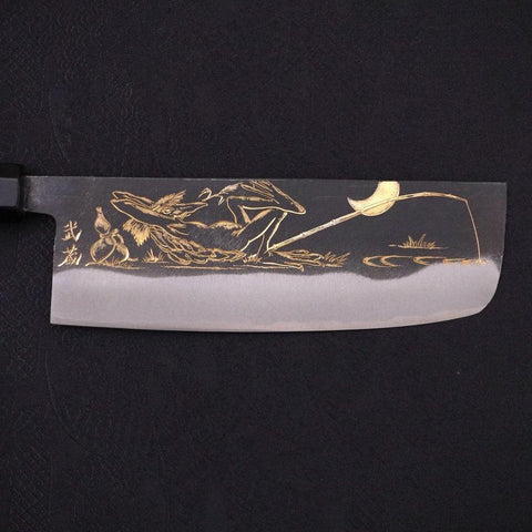 Nakiri Blue Steel #2 Kurouchi Chokin "Fischender Kappa - Ruhend" Büffelhorn und Ebenholz Griff 165mm-[Musashi]-[Japan-Küchenmesser]