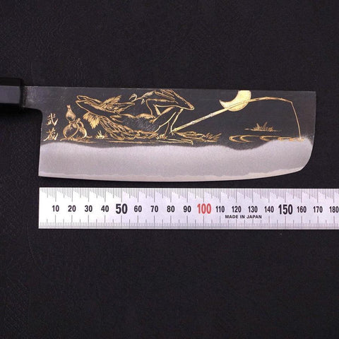 Nakiri Blue Steel #2 Kurouchi Chokin "Fischender Kappa - Ruhend" Büffelhorn und Ebenholz Griff 165mm-[Musashi]-[Japan-Küchenmesser]