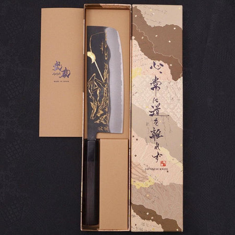 Nakiri Blue Steel #2 Kurouchi Chokin "Fischender Kappa - Ruhend" Büffelhorn und Ebenholz Griff 165mm-[Musashi]-[Japan-Küchenmesser]