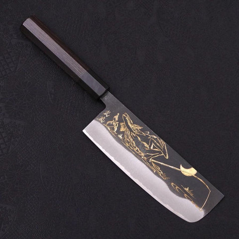 Nakiri Blue Steel #2 Kurouchi Chokin "Fischender Kappa - Ruhend" Büffelhorn und Ebenholz Griff 165mm-[Musashi]-[Japan-Küchenmesser]