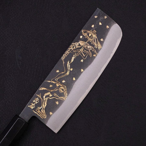 Nakiri Blue Steel #2 Kurouchi Chokin "Kappa Auf Frosch" Büffelhorn und Ebenholz Griff 165mm-[Musashi]-[Japan-Küchenmesser]
