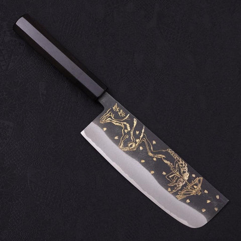 Nakiri Blue Steel #2 Kurouchi Chokin "Kappa Auf Frosch" Büffelhorn und Ebenholz Griff 165mm-[Musashi]-[Japan-Küchenmesser]
