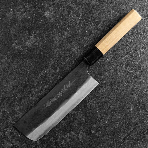 Nakiri Blue Steel #2 Kurouchi Damast Büffelhorn und Magnolienholz Griff 165mm-[Musashi]-[Japan-Küchenmesser]
