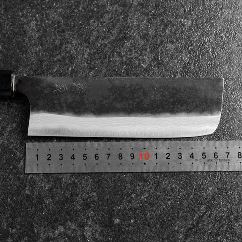 Nakiri Blue Steel #2 Kurouchi Damast Büffelhorn und Magnolienholz Griff 165mm-[Musashi]-[Japan-Küchenmesser]